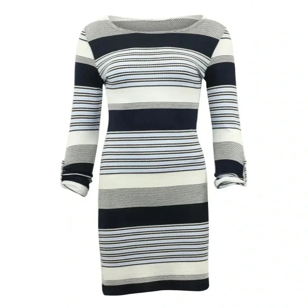 3 FOR $15 Melissa Odabash Blue Maddie Striped Long Sleeve Dress Size L